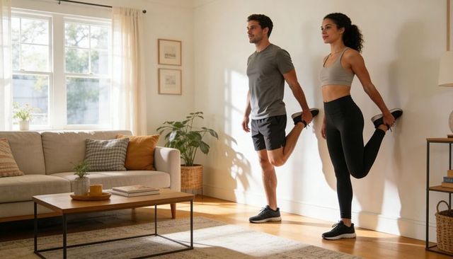 Couple stretching quads in sunlit living room before workout, home fitness routine