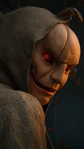 Rotating Puppet Turning Toward Camera in Night Forest Burlap Hood Creepy Vertical Horror