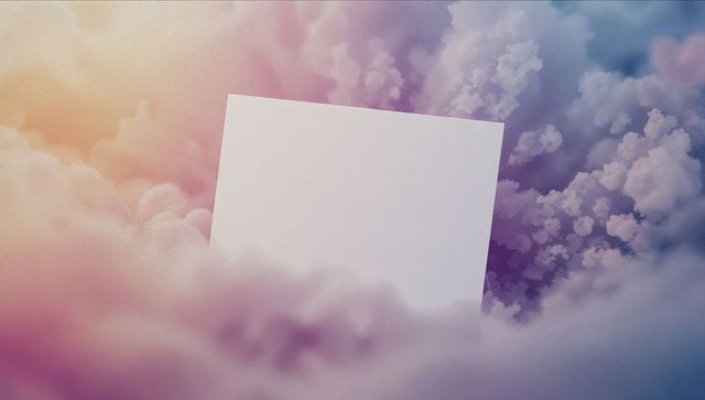 Dreamy pastel cloudscape with blank square card floating