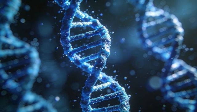 Glittering blue dna double helix rotating in molecular solution with bokeh particles