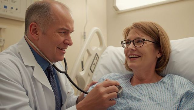 Doctor conducting checkup with smiling patient in hospital