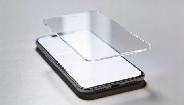 Floating tempered glass screen protector aligning over modern smartphone display with beveled edge
