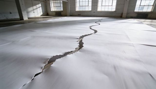Jagged tear snaking across white paper floor revealing concrete in sunlit industrial loft