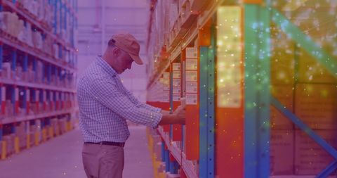 Warehouse Worker Lifts Box Amid Colorful Digital Elements - Download Free Stock Images Pikwizard.com