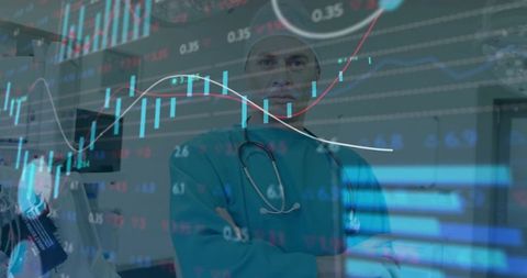 This image combines healthcare and finance, depicting a doctor in teal scrubs intersecting the world of stock analysis. Ideal for articles or materials discussing the integration of medicine with financial industry through technology, promoting healthcare investment, or focusing on professional development in clinical and financial environments.