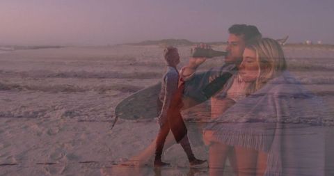 Couple Embracing at Serene Beach Sunset with Tranquil Pastel Sky