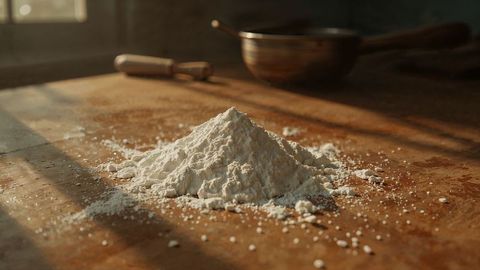 Mound of White Flour on Rustic Wooden Surface in Warm Light