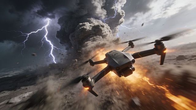 Tactical quadcopter evading explosion amid lightning storm over burned landscape