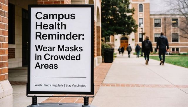 Campus health sign reminding masks in crowded areas, students walking past brick building