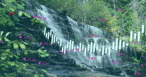 Waterfall with Digital Financial Overlay Creates Harmony of Nature and Technology