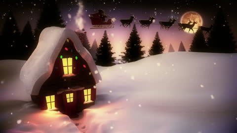 Cozy Snowy Cottage and Santa's Sleigh in Winter Wonderland