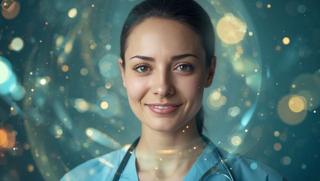 Smiling young clinician wearing blue scrubs with stethoscope teal gold bokeh portrait