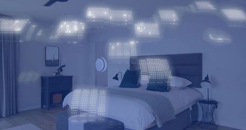 Calm modern bedroom featuring upholstered bed with tall headboard and white bedding