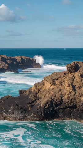 Vertical seascape video capturing swells crashing against jagged rocks with distant sailboat
