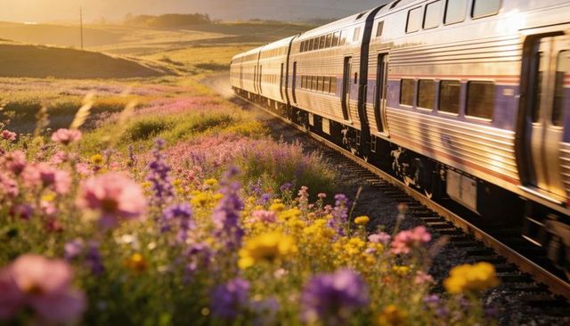 Golden hour train curving through wildflower meadow double-decker passenger rail journey
