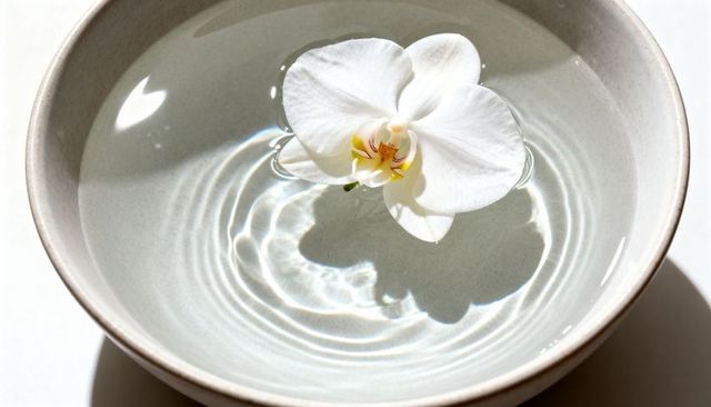 White orchid floating in pale ceramic bowl with clear water ripples and gentle reflection