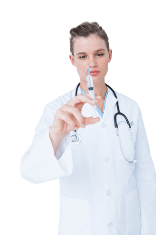 Doctor Holding Transparent Syringe in Focus on White Background