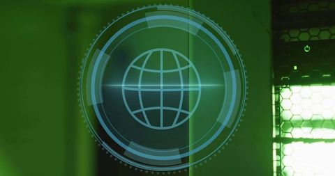 Projecting holographic globe interface above data center server rack with green hud and hex mesh