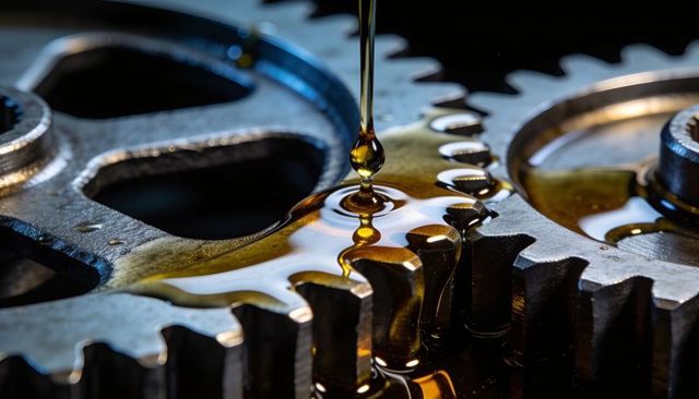 Meshing steel gears dripping golden lubricant macro closeup for industrial maintenance