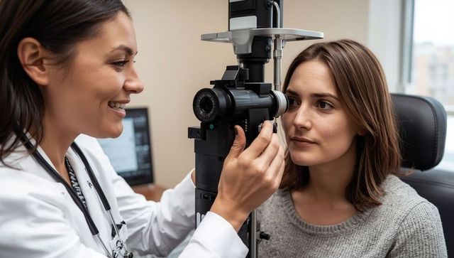 Optometrist conducting eye examination in clinic