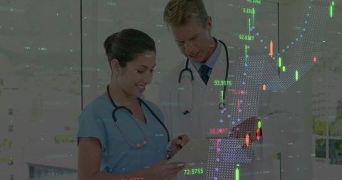 Doctors reviewing patient data with digital analytics overlay in clinical collaboration