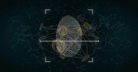 Biometric fingerprint scanning cybersecurity interface with digital network mesh and tokens