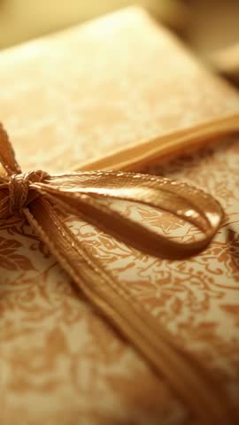 Vertical video panning over luxury gold ribbon on ornate patterned gift box