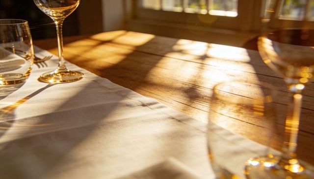 Golden-hour sunlight casting warm glow on wooden table with glassware and linen