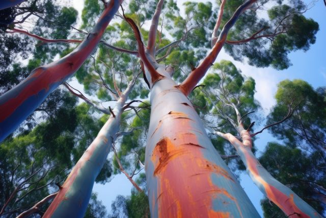 Tall eucalyptus trees reach towards the sky, showcasing their colorful bark. The perspective emphasizes the height and natural beauty of these majestic trees.