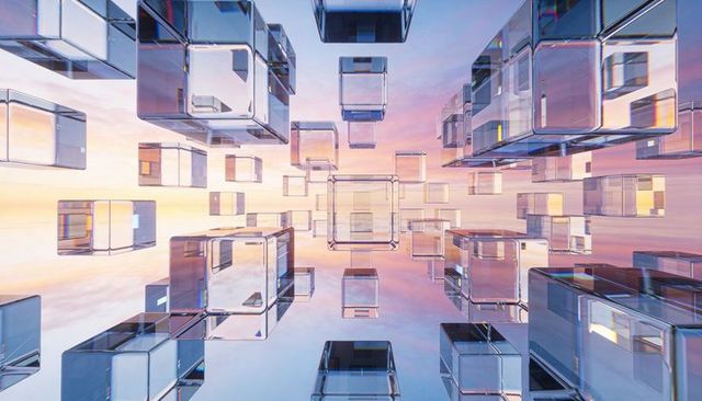 Floating transparent cubes forming depth with pastel sunset reflections and prismatic glow