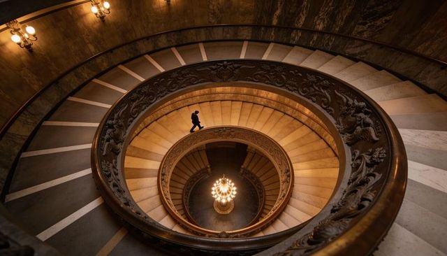 Solitary figure descending ornate marble spiral staircase with chandelier in museum