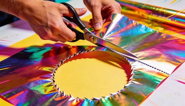 Hands cutting holographic foil revealing yellow paper circle closeup craft scissors