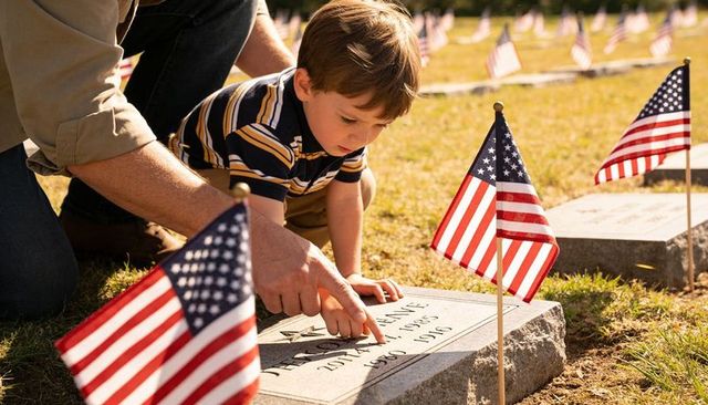 Young boy tracing veteran gravestone while adult guides amid flags on memorial day