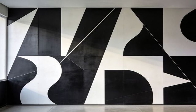 Monochrome geometric mural showing bold black and white shapes on interior wall with panel seams