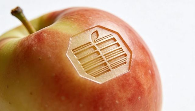 Laser-etched apple showing octagon barcode logo closeup on white backdrop branding concept