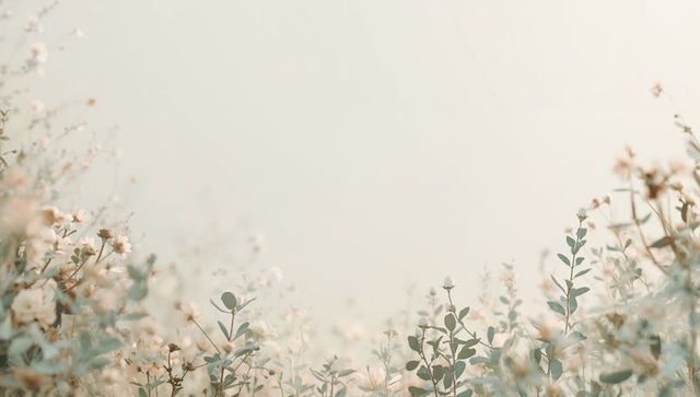 Ethereal pastel wildflowers blooming in meadow with soft bokeh and green-gray foliage