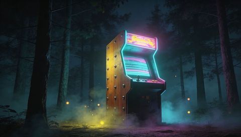 Retro arcade cabinet glowing in foggy forest at night with neon crt lights and mist