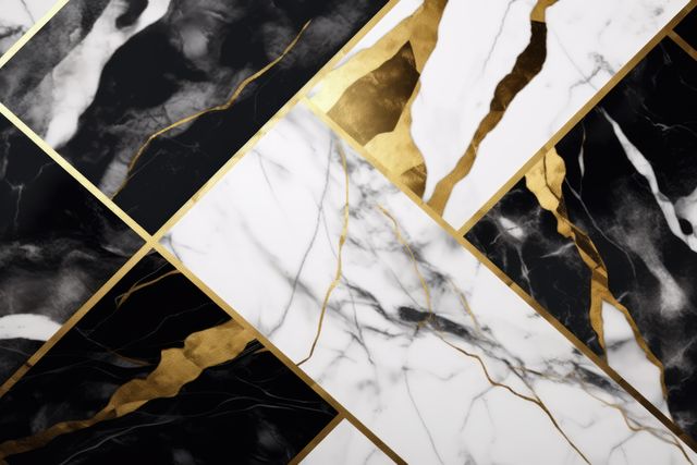 Close up of black, gold, white marble with veins background, created using generative ai technology. Marble, stone, pattern and texture concept digitally generated image.