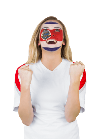 Costa Rican Fan Excited Celebrating with Flag Face Paint on Transparent Background