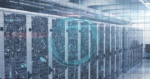 High-tech data center with glowing circuit pattern design