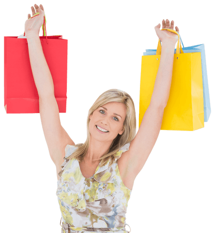 Joyful Shopper with Colorful Transparent Bags Raised