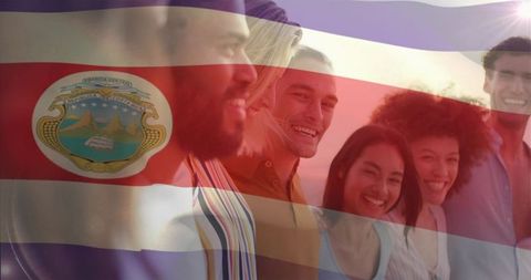 Smiling Friends Celebrating Unity with Costa Rica Flag Overlay