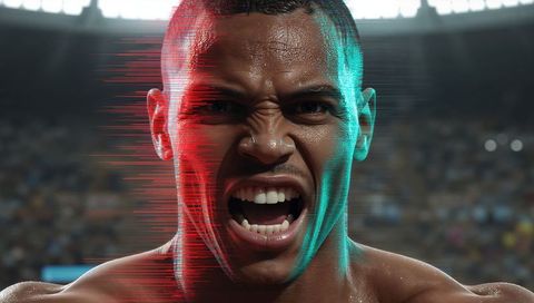 Roaring shirtless athlete shouting in stadium with glitch red and teal lights, intense