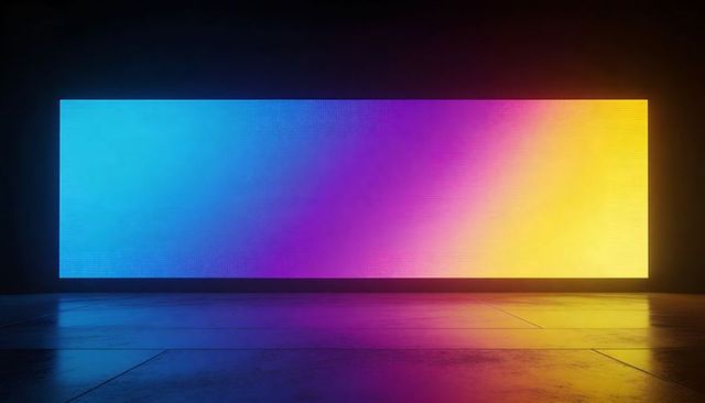 Glowing led panel casting vibrant cyan magenta yellow gradient on polished floor