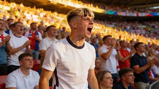 Young football fan shouting with blond fringe cheering in packed stadium during match