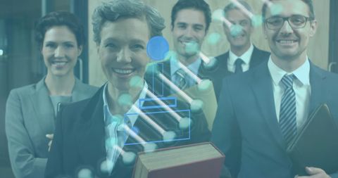 Diverse Business Team with Digital DNA Overlay in Modern Office