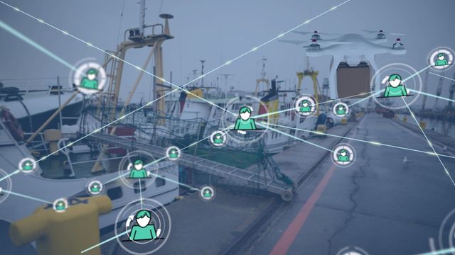 Visual depiction of modern logistics using drones and digital networks with icons symbolizing connectivity. Reflects innovation in global shipping and technology impact on delivery systems. Useful for illustrating topics in logistics, supply chain transformation, technology in delivery services, or future transportation concepts.