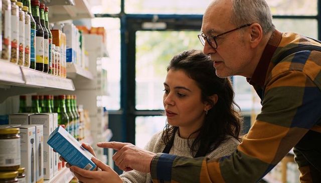 Couple comparing product label in grocery aisle while shopping and selecting goods