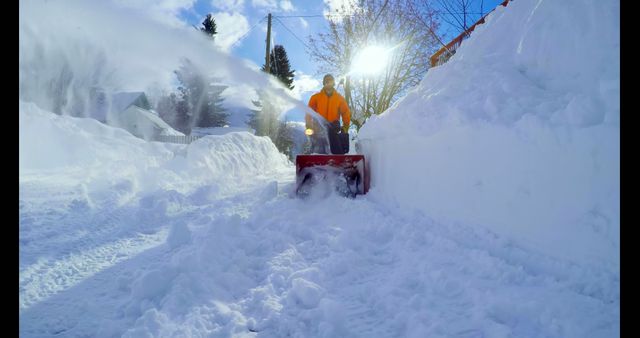 Man Clearing Snow on Sunny Winter Day with Snow Blower - Download Free Stock Images Pikwizard.com