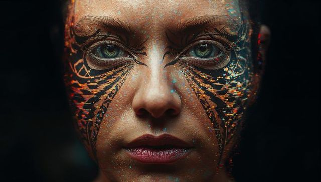 Intricate tribal face art with metallic accents and red lips